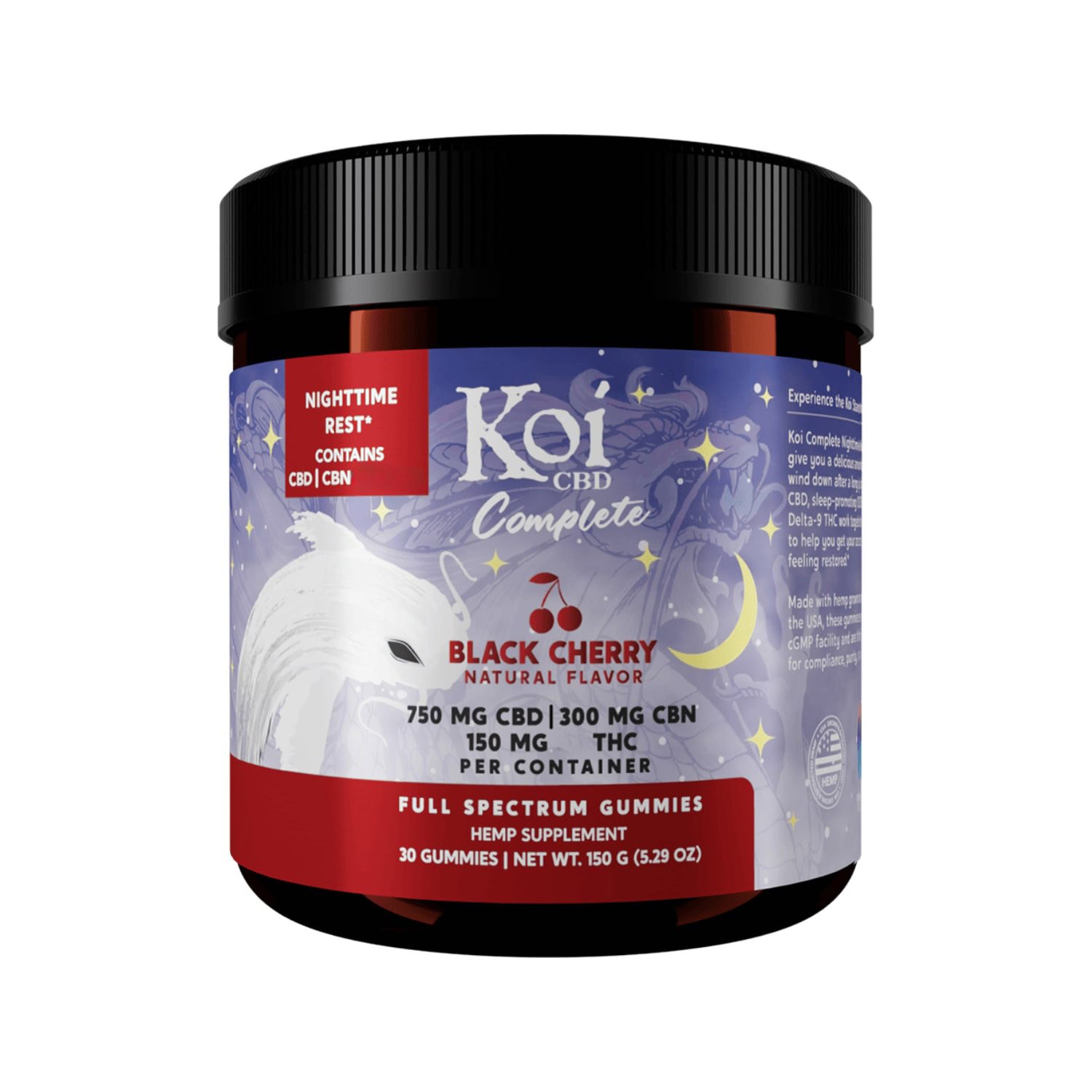 Koi CBD, Complete Full Spectrum CBD Gummies – Nighttime Rest, Black Cherry, 30ct, 300mg CBN + 150mg THC + 750mg CBD – THC PENS US